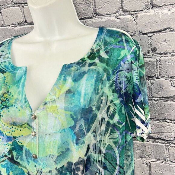 Style & Co Woman 1X Blue Green Floral Beaded V-Neck Short Sleeve Top - Picture 7 of 8